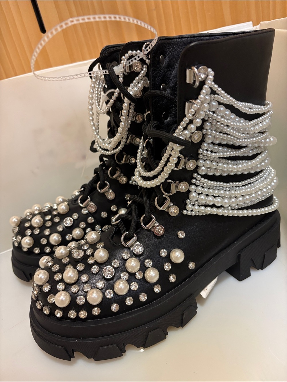 New Azalea Wang Black Pearl-Embellished Combat Boots